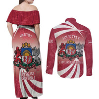 Personalised Latvia Independence Day Couples Matching Off Shoulder Maxi Dress and Long Sleeve Button Shirt Latvija White Wagtail With Map 106th Anniversary - Wonder Print Shop