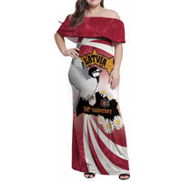 Personalised Latvia Independence Day Family Matching Off Shoulder Maxi Dress and Hawaiian Shirt Latvija White Wagtail With Map 106th Anniversary - Wonder Print Shop