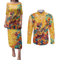 Mexico Day Of The Dead Couples Matching Puletasi and Long Sleeve Button Shirt Sugar Skull Girl With Guitar Colorful Vibes - Wonder Print Shop
