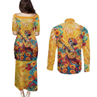 Mexico Day Of The Dead Couples Matching Puletasi and Long Sleeve Button Shirt Sugar Skull Girl With Guitar Colorful Vibes - Wonder Print Shop