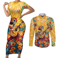 Mexico Day Of The Dead Couples Matching Short Sleeve Bodycon Dress and Long Sleeve Button Shirt Sugar Skull Girl With Guitar Colorful Vibes - Wonder Print Shop