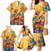 Mexico Day Of The Dead Family Matching Mermaid Dress and Hawaiian Shirt Sugar Skull Girl With Guitar Colorful Vibes - Wonder Print Shop