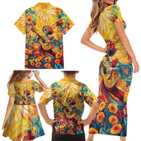 Mexico Day Of The Dead Family Matching Short Sleeve Bodycon Dress and Hawaiian Shirt Sugar Skull Girl With Guitar Colorful Vibes - Wonder Print Shop