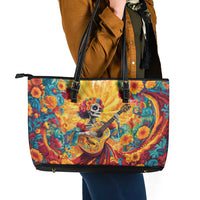 Mexico Day Of The Dead Leather Tote Bag Sugar Skull Girl With Guitar Colorful Vibes - Wonder Print Shop