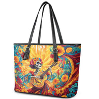 Mexico Day Of The Dead Leather Tote Bag Sugar Skull Girl With Guitar Colorful Vibes - Wonder Print Shop