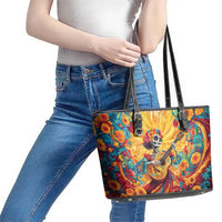 Mexico Day Of The Dead Leather Tote Bag Sugar Skull Girl With Guitar Colorful Vibes - Wonder Print Shop