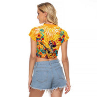 Mexico Day Of The Dead Raglan Cropped T Shirt Sugar Skull Girl With Guitar Colorful Vibes - Wonder Print Shop