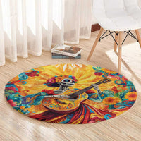 Mexico Day Of The Dead Round Carpet Sugar Skull Girl With Guitar Colorful Vibes