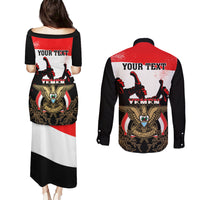 Personalised Yemen Independence Day Couples Matching Puletasi Dress and Long Sleeve Button Shirt Yemeni Coat Of Arms With Coffea Arabica Flowers - Wonder Print Shop