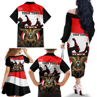 Personalised Yemen Independence Day Family Matching Off Shoulder Long Sleeve Dress and Hawaiian Shirt Yemeni Coat Of Arms With Coffea Arabica Flowers - Wonder Print Shop