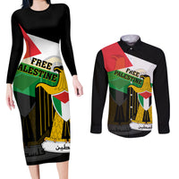 Free Palestine Couples Matching Long Sleeve Bodycon Dress and Long Sleeve Button Shirt Coat Of Arms Mix Flag Style - Wonder Print Shop