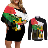 Free Palestine Couples Matching Off Shoulder Short Dress and Long Sleeve Button Shirt Coat Of Arms Mix Flag Style - Wonder Print Shop