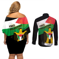 Free Palestine Couples Matching Off Shoulder Short Dress and Long Sleeve Button Shirt Coat Of Arms Mix Flag Style - Wonder Print Shop