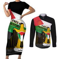 Free Palestine Couples Matching Short Sleeve Bodycon Dress and Long Sleeve Button Shirt Coat Of Arms Mix Flag Style - Wonder Print Shop