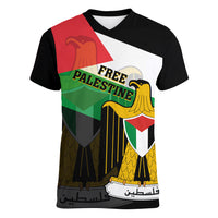 Free Palestine Women V Neck T Shirt Coat Of Arms Mix Flag Style - Wonder Print Shop