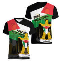 Free Palestine Women V Neck T Shirt Coat Of Arms Mix Flag Style - Wonder Print Shop