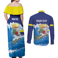 Personalized Curacao Football Couples Matching Off Shoulder Maxi Dress and Long Sleeve Button Shirt First-ever World Cup Ride The Blue Wave - Wonder Print Shop