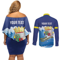 Personalized Curacao Football Couples Matching Off Shoulder Short Dress and Long Sleeve Button Shirt First-ever World Cup Ride The Blue Wave - Wonder Print Shop