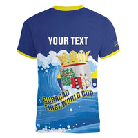 Personalized Curacao Football Women V-Neck T-Shirt First-ever World Cup Ride The Blue Wave - Wonder Print Shop