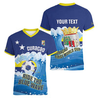 Personalized Curacao Football Women V-Neck T-Shirt First-ever World Cup Ride The Blue Wave - Wonder Print Shop