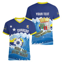 Personalized Curacao Football Women V-Neck T-Shirt First-ever World Cup Ride The Blue Wave - Wonder Print Shop