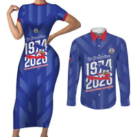 Personalized Haiti Football Couples Matching Short Sleeve Bodycon Dress and Long Sleeve Button Shirt Les Grenadiers Made History Once Again Blue Color - Wonder Print Shop