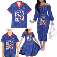 Personalized Haiti Football Family Matching Off The Shoulder Long Sleeve Dress and Hawaiian Shirt Les Grenadiers Made History Once Again Blue Color - Wonder Print Shop