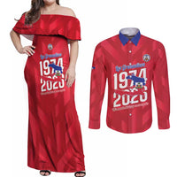 Personalized Haiti Football Couples Matching Off Shoulder Maxi Dress and Long Sleeve Button Shirt Les Grenadiers Made History Once Again Red Color - Wonder Print Shop
