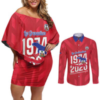Personalized Haiti Football Couples Matching Off Shoulder Short Dress and Long Sleeve Button Shirt Les Grenadiers Made History Once Again Red Color - Wonder Print Shop