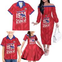 Personalized Haiti Football Family Matching Off The Shoulder Long Sleeve Dress and Hawaiian Shirt Les Grenadiers Made History Once Again Red Color - Wonder Print Shop