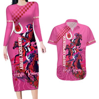 Kentucky Horse Racing Couples Matching Long Sleeve Bodycon Dress and Hawaiian Shirt 151st Anniversary With Roses - Pink Version LT14