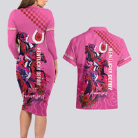 Kentucky Horse Racing Couples Matching Long Sleeve Bodycon Dress and Hawaiian Shirt 151st Anniversary With Roses - Pink Version LT14