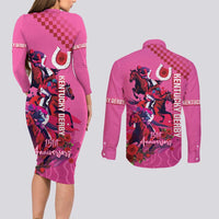 Kentucky Horse Racing Couples Matching Long Sleeve Bodycon Dress and Long Sleeve Button Shirt 151st Anniversary With Roses - Pink Version LT14