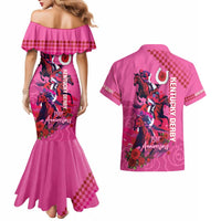Kentucky Horse Racing Couples Matching Mermaid Dress and Hawaiian Shirt 151st Anniversary With Roses - Pink Version LT14