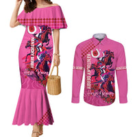 Kentucky Horse Racing Couples Matching Mermaid Dress and Long Sleeve Button Shirt 151st Anniversary With Roses - Pink Version LT14