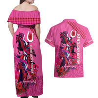 Kentucky Horse Racing Couples Matching Off Shoulder Maxi Dress and Hawaiian Shirt 151st Anniversary With Roses - Pink Version LT14