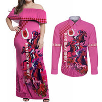 Kentucky Horse Racing Couples Matching Off Shoulder Maxi Dress and Long Sleeve Button Shirt 151st Anniversary With Roses - Pink Version LT14