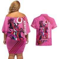 Kentucky Horse Racing Couples Matching Off Shoulder Short Dress and Hawaiian Shirt 151st Anniversary With Roses - Pink Version LT14