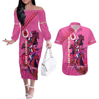 Kentucky Horse Racing Couples Matching Off The Shoulder Long Sleeve Dress and Hawaiian Shirt 151st Anniversary With Roses - Pink Version LT14