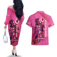 Kentucky Horse Racing Couples Matching Off The Shoulder Long Sleeve Dress and Hawaiian Shirt 151st Anniversary With Roses - Pink Version LT14