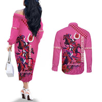 Kentucky Horse Racing Couples Matching Off The Shoulder Long Sleeve Dress and Long Sleeve Button Shirt 151st Anniversary With Roses - Pink Version LT14