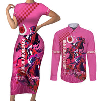 Kentucky Horse Racing Couples Matching Short Sleeve Bodycon Dress and Long Sleeve Button Shirt 151st Anniversary With Roses - Pink Version LT14