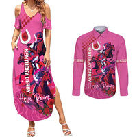 Kentucky Horse Racing Couples Matching Summer Maxi Dress and Long Sleeve Button Shirt 151st Anniversary With Roses - Pink Version LT14