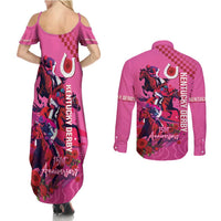 Kentucky Horse Racing Couples Matching Summer Maxi Dress and Long Sleeve Button Shirt 151st Anniversary With Roses - Pink Version LT14