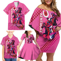 Kentucky Horse Racing Family Matching Off Shoulder Short Dress and Hawaiian Shirt 151st Anniversary With Roses - Pink Version LT14