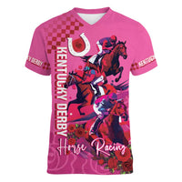 Kentucky Horse Racing Women V Neck T Shirt 151st Anniversary With Roses - Pink Version LT14