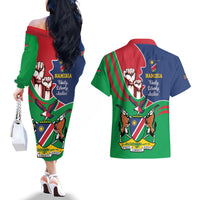 Namibia Independence Day Couples Matching Off The Shoulder Long Sleeve Dress and Hawaiian Shirt Coat Of Arms Curve Style - Wonder Print Shop