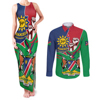 Namibia Independence Day Couples Matching Tank Maxi Dress and Long Sleeve Button Shirt Coat Of Arms Curve Style - Wonder Print Shop