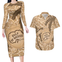 Gulf of Mexico Forever Couples Matching Long Sleeve Bodycon Dress and Hawaiian Shirt Mexican Turtle Brown Version