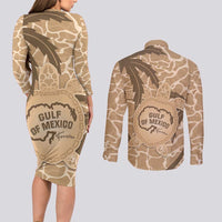 Gulf of Mexico Forever Couples Matching Long Sleeve Bodycon Dress and Long Sleeve Button Shirt Mexican Turtle Brown Version